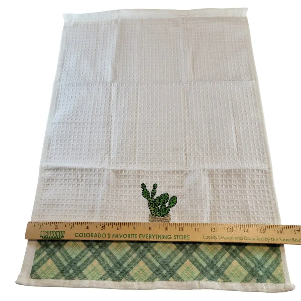 4 Cactus Kitchen Towels Lavien Embroidered Waffle Cotton Blend 16x24 Green Plaid